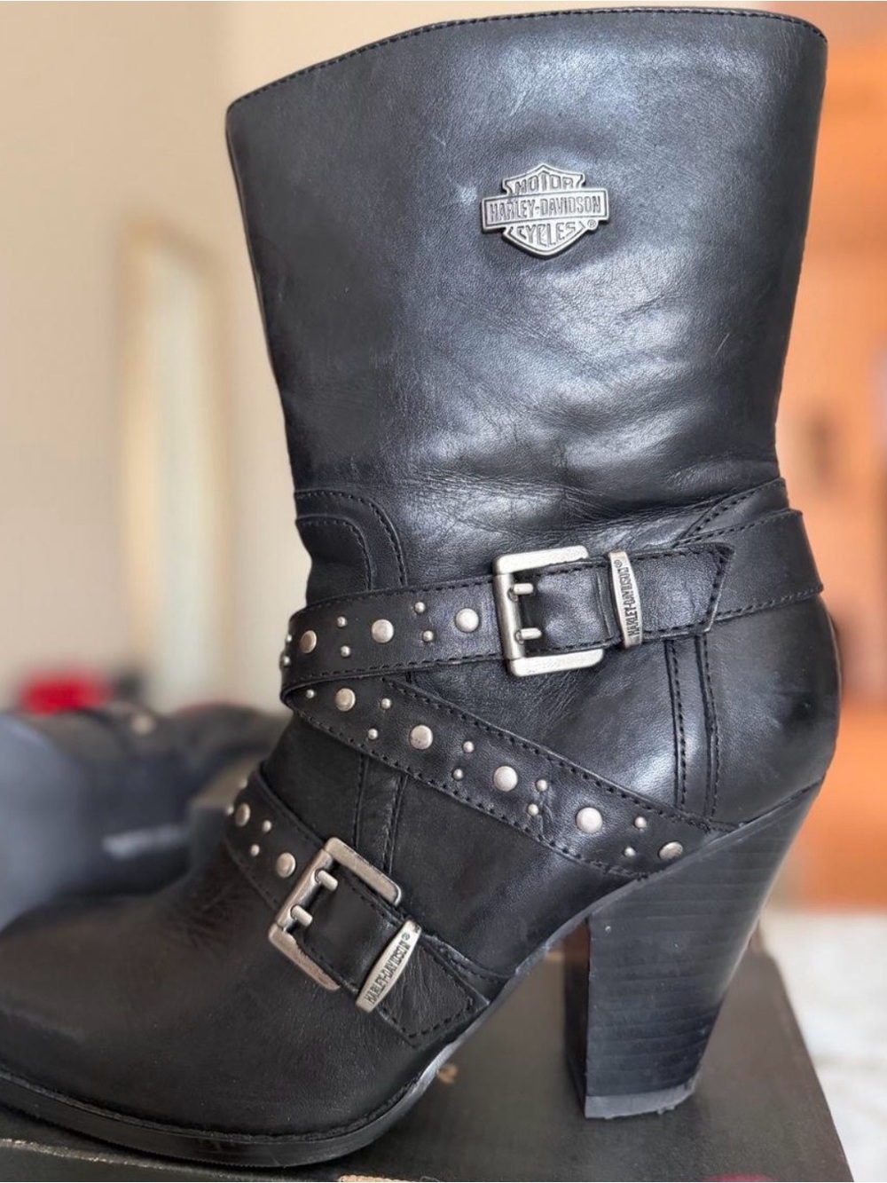 Harley-Davidson Black Studded Leather Mid-Calf Heeled Boots